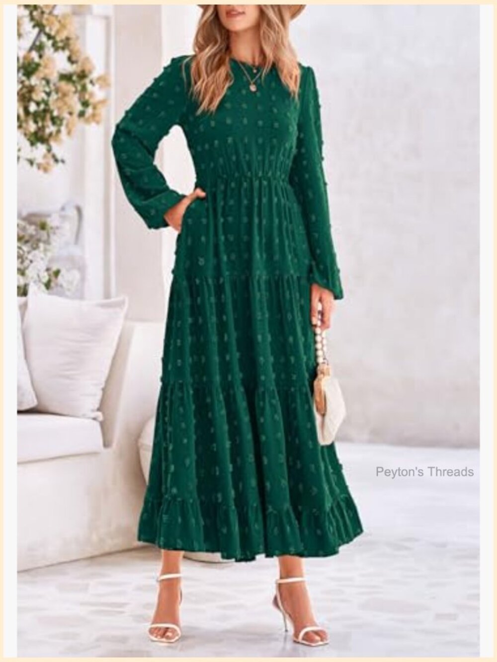 Elegant Long Sleeve Maxi Dress Swiss Dot A-Line Flowy Casual Holiday Party Dress - Picture 5 of 7